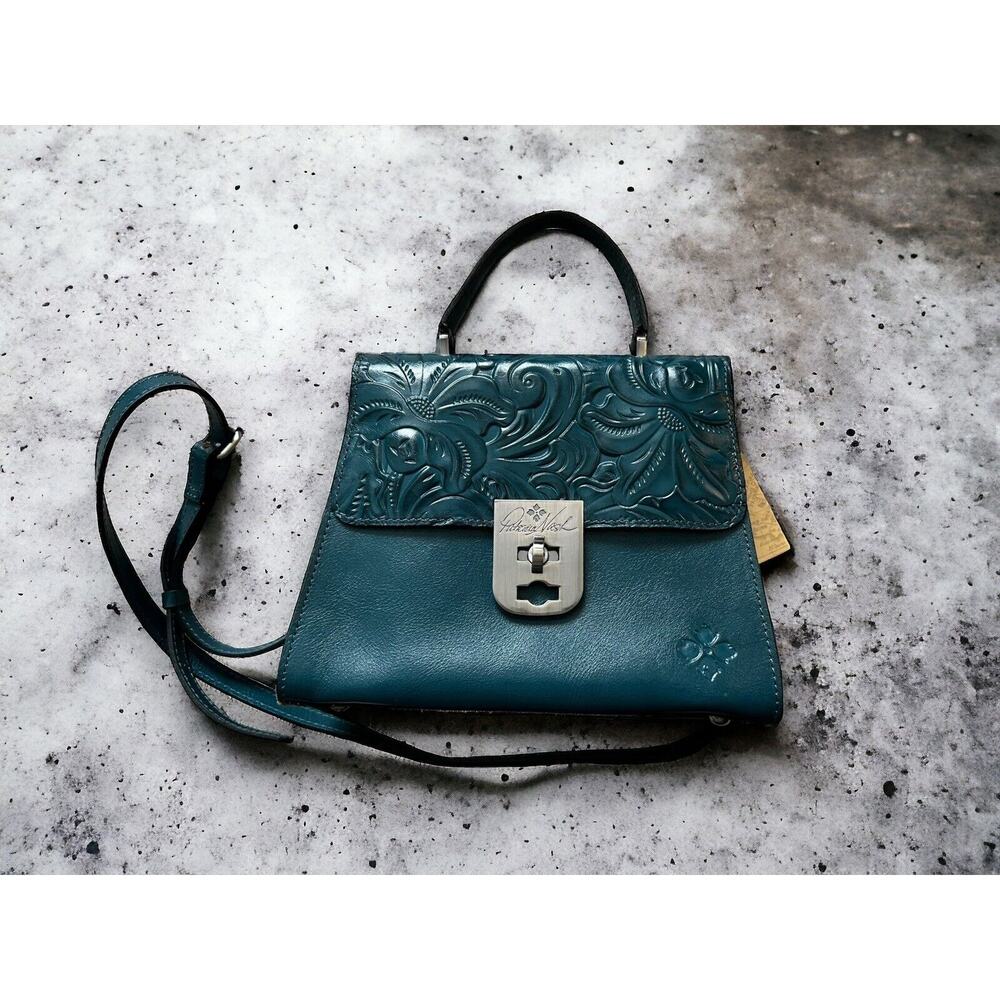 New Patricia Nash Chauny Floral Tooled Leather Satchel Handbag Purse Blue Coral - Picture 2 of 9